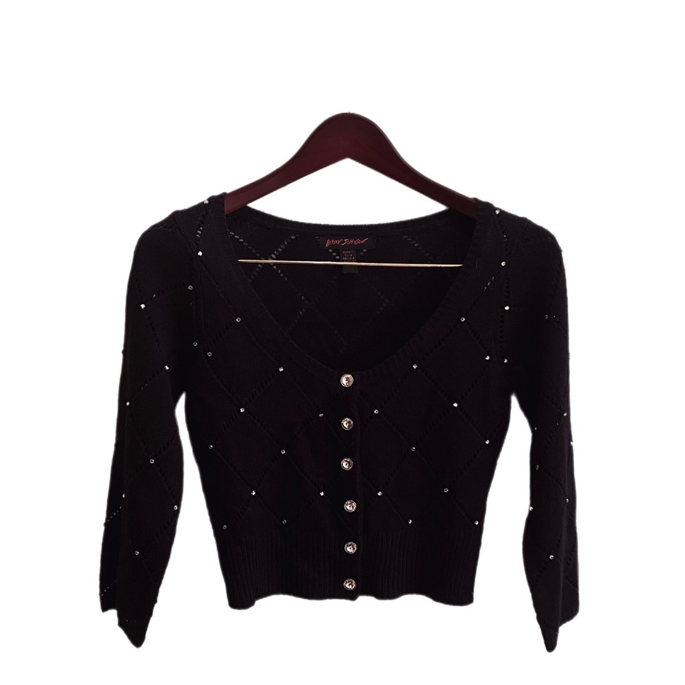 Betsey Johnson Medium Cropped Black Knit w/ White Rhinestones Cardigan Sweater